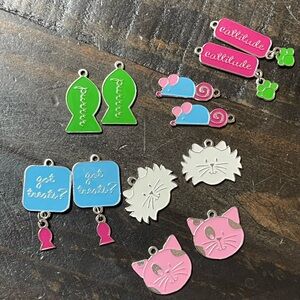 Silver Tone Enamel Cat Themed Set of 12 Charms Craft Supplies Jewelry Making